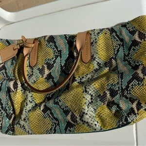 Stylish Snake Embossed Leather Purse in Yellow, Teal & Tan